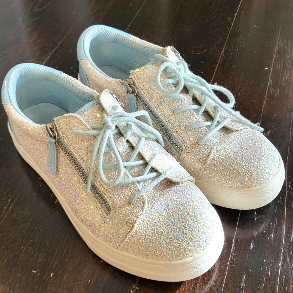 Glitter Sneakers, womens 8/girls 6 fashion white & blue, cute, gently used